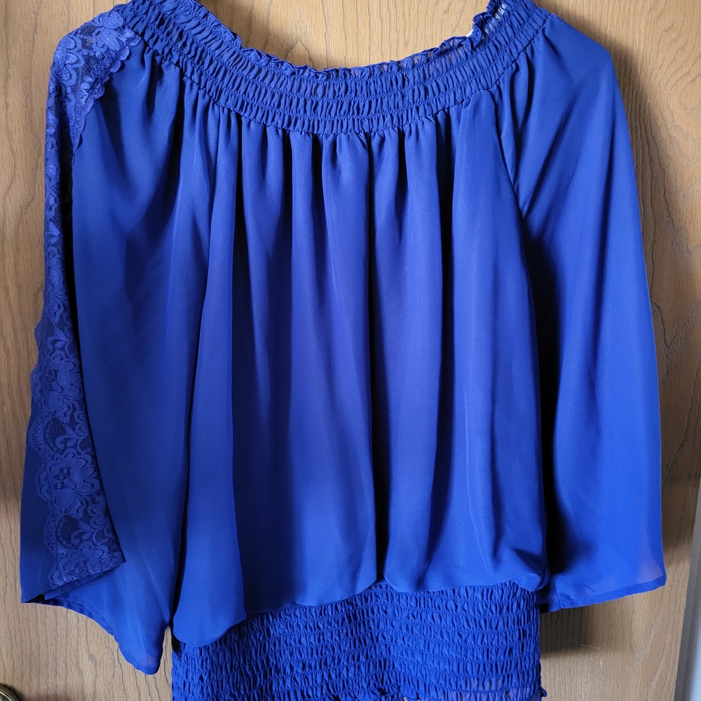 Iz Byer Royal Blue Shirred Neck Blouse With Lace Detail On Sleeves Sz M